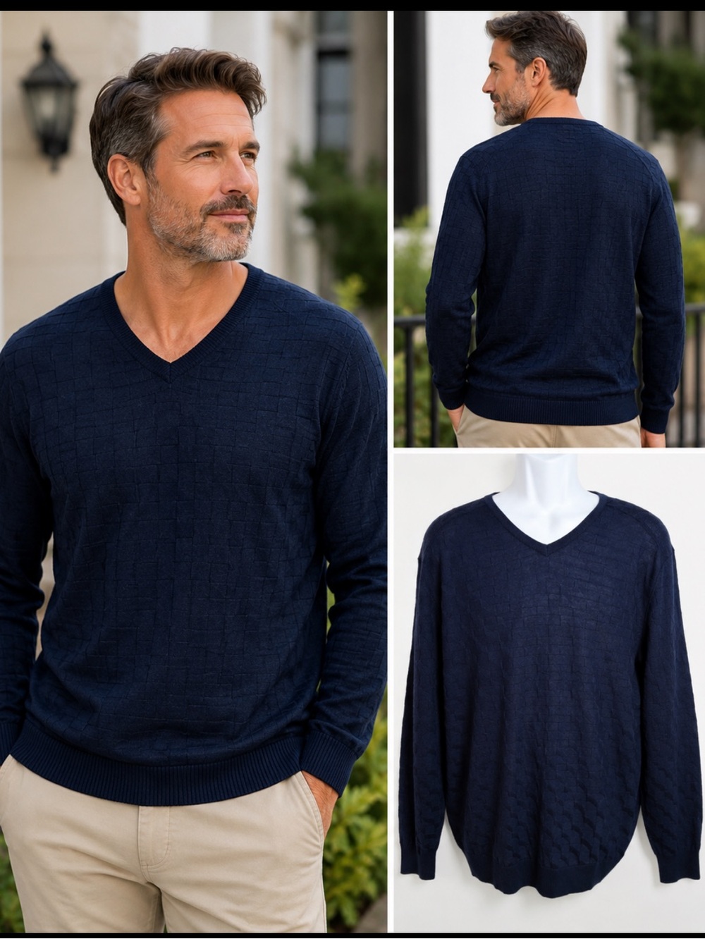 RAFFI Italian Basket Weave Light Weight V Neck Navy Wool Blend Sweater Mens XXL